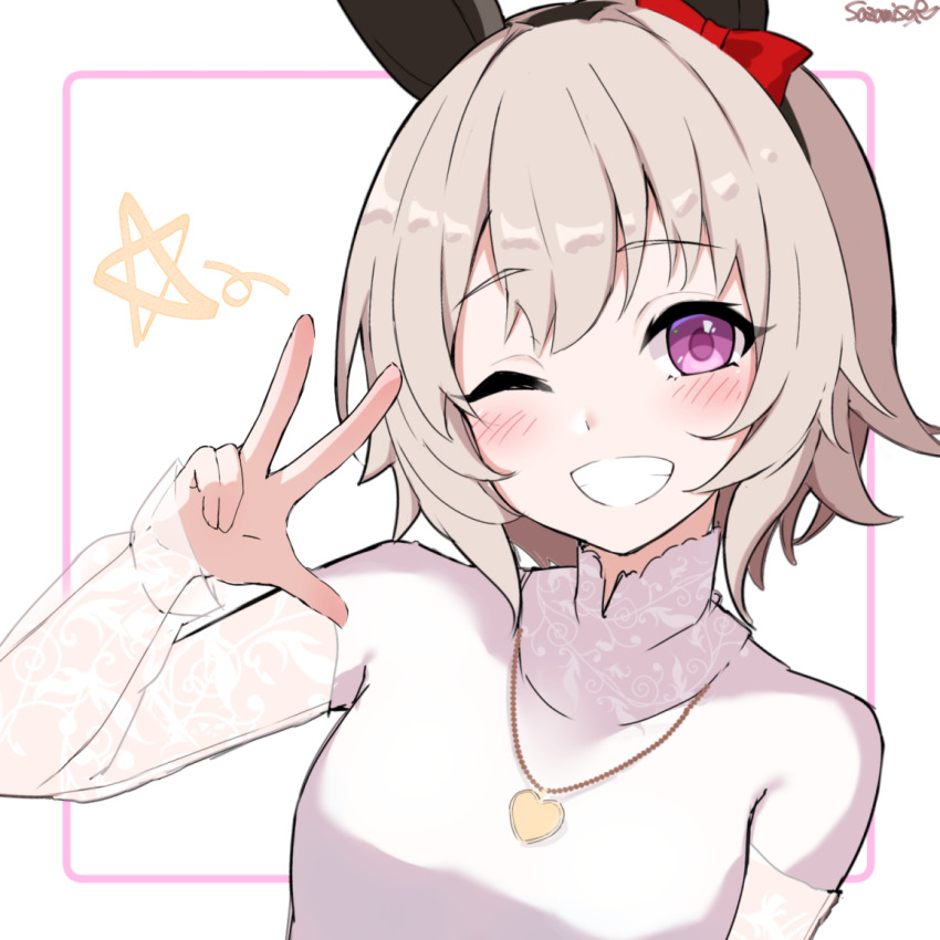 1girl animal_ears artist_name blush bow breasts cross-laced_clothes curren_chan_(umamusume) ear_bow ear_covers grey_hair hair_between_eyes horse_ears horse_girl horse_tail lace-trimmed_sleeves lace_trim long_sleeves looking_at_viewer open_mouth purple_eyes red_bow sazamiso_rx shirt short_hair simple_background smile solo star_(symbol) tail umamusume white_background white_shirt