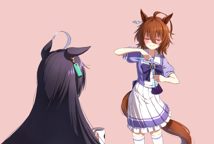 2girls absurdres agnes_tachyon_(umamusume) ahoge animal_ears black_hair bow brown_hair coffee_mug cup earrings flask highres holding holding_cup holding_flask holding_test_tube horse_ears horse_girl horse_tail jewelry long_hair manhattan_cafe_(umamusume) meme mug multicolored_hair multiple_girls purple_bow purple_shirt reo-illust4696 school_uniform shikairo_days_dance_(meme) shikanoko_nokonoko_koshitantan shirt single_earring skirt tail test_tube thighhighs tracen_school_uniform umamusume white_hair white_skirt white_thighhighs