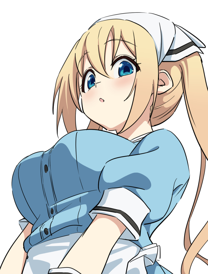 1girl :o apron baasaku_(balasaku24) blend_s blonde_hair blue_eyes blue_shirt blush breasts commentary eyelashes from_below hair_between_eyes headscarf highres hinata_kaho large_breasts long_hair looking_at_viewer looking_down open_mouth puffy_short_sleeves puffy_sleeves shirt short_sleeves simple_background solo tareme twintails upper_body waist_apron waitress white_apron white_background white_headscarf