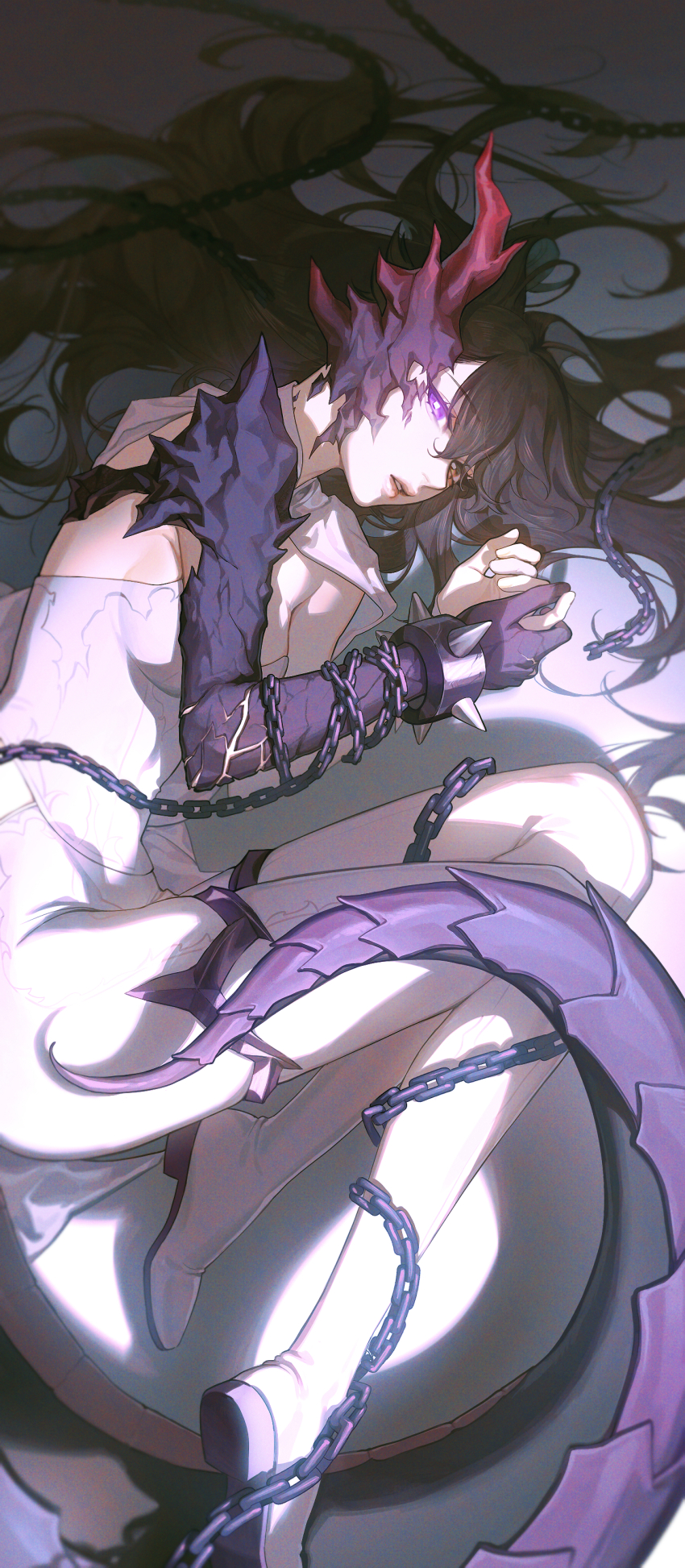 1girl absurdres black_hair breasts chained_legs dragon_tail dress epic_seven fallen_cecilia_(epic_seven) gootai hair_spread_out highres lying purple_eyes solo tail white_dress