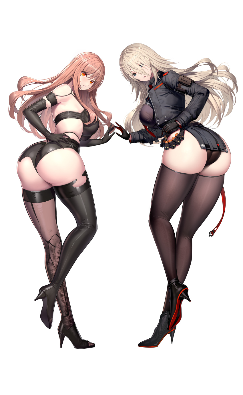 2girls a2_(nier:automata) absurdres ass bare_shoulders black_boots black_gloves black_jacket black_thighhighs blue_eyes blush boots breasts brown_hair crossover elbow_gloves gloves goddess_of_victory:_nikke high_heel_boots high_heels highres jacket large_breasts leaning_forward long_hair long_sleeves looking_at_viewer looking_back multiple_girls nier:automata nier_(series) parted_lips rapi_(nikke) red_eyes ririko_(zhuoyandesailaer) simple_background single_thigh_boot thigh_boots thighhighs thighs white_background