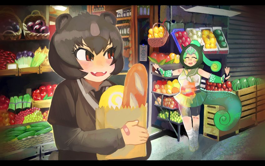 ^_^ absurdres animal_ears bag bandaid bandaid_on_face bandaid_on_nose bear_ears bike_shorts black_hair blush bread camouflage chameleon_tail closed_eyes closed_eyes fangs food fruit grocery_bag highres igarashi_(nogiheta) japanese_black_bear_(kemono_friends) japari_bun kemono_friends ninja panther_chameleon_(kemono_friends) sailor_collar sandals shop shopping_bag skirt sleeveless tabi tail vegetable