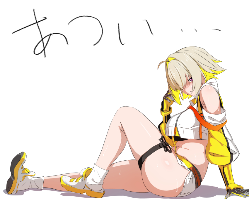1girl ahoge arm_support black_sports_bra blonde_hair blush breasts clothing_cutout crop_top crop_top_overhang cropped_sweater elegg_(nikke) exposed_pocket full_body gloves goddess_of_victory:_nikke grey_shorts hair_intakes hair_over_eyes hair_over_one_eye hatenoga highres large_breasts long_bangs long_sleeves looking_at_viewer micro_shorts multicolored_gloves red_eyes short_hair shorts shoulder_cutout simple_background sitting slingshot_swimsuit socks solo sports_bra swimsuit thigh_strap two-sided_gloves white_background white_footwear white_socks yellow_gloves yellow_slingshot_swimsuit