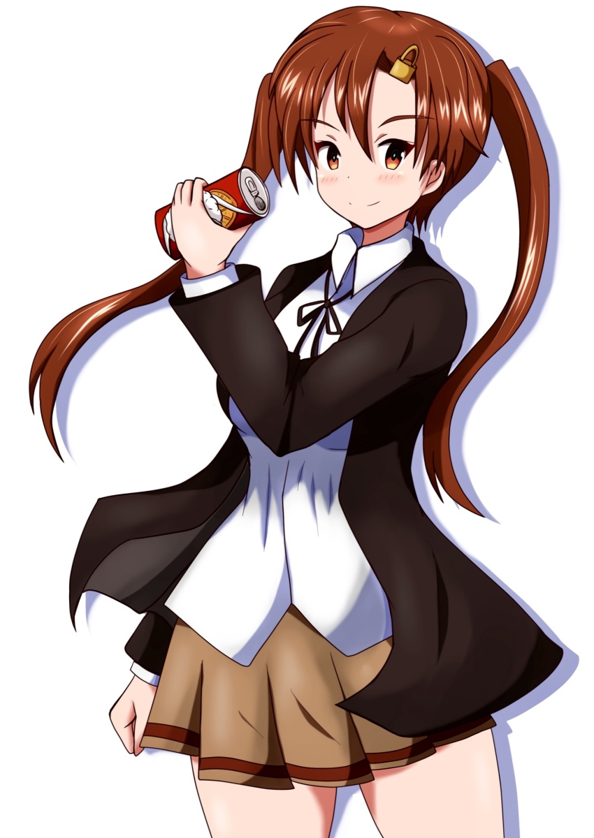 1girl bellwall_school_uniform black_jacket black_ribbon breasts brown_skirt can collared_shirt commentary_request drink_can girls_und_panzer girls_und_panzer_little_army hair_ornament highres holding holding_can jacket long_hair meiya miniskirt nakasuga_emi red_hair ribbon school_uniform shirt skirt soda_can twintails