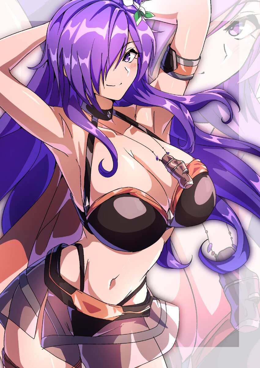 1girl absurdres armpits bare_shoulders bikini black_bikini black_choker breasts choker cleavage fire_emblem fire_emblem_heroes flower hair_flower hair_ornament hair_over_one_eye hibiscus highres large_breasts long_hair navel nintendo official_alternate_costume purple_eyes purple_hair female_shez_(summer)_(fire_emblem) swimsuit to_(tototo_tk)