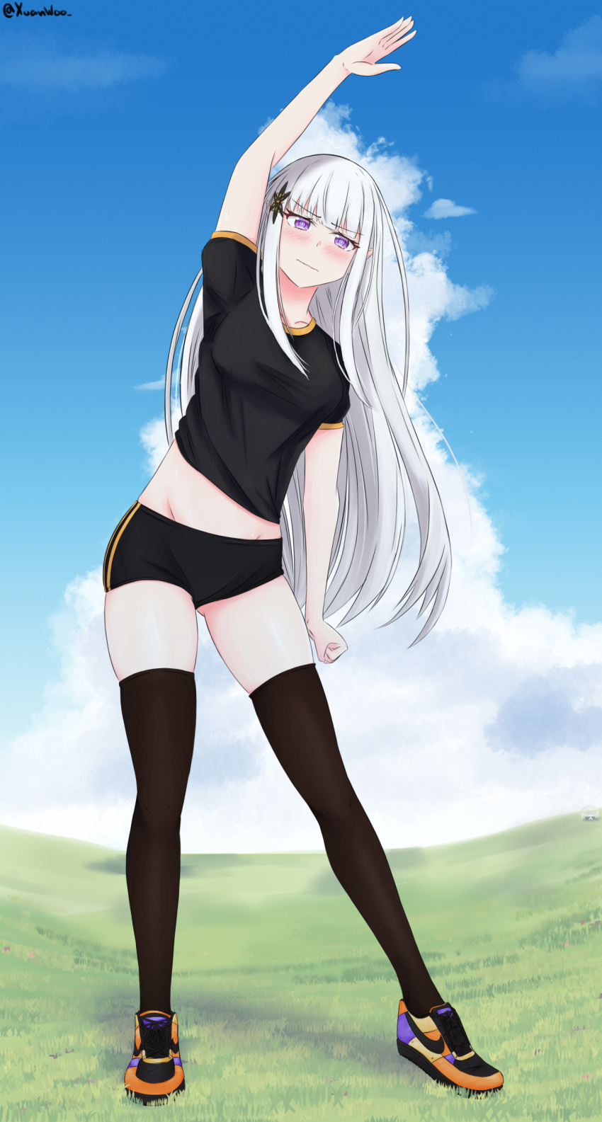 1girl absurdres black_shirt blush boots cloud cloudy_sky exercising full_body gym_shorts gym_uniform highres kneehighs midriff_peek re:zero_kara_hajimeru_isekai_seikatsu satella_(re:zero) shirt shorts sky socks solo_focus stretching thighs white_hair xuan