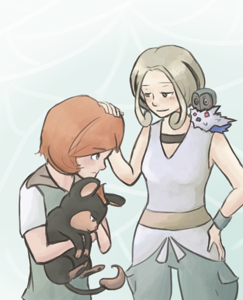 10s 1boy 1girl gen_6_pokemon gym_leader highres litleo nintendo pokemon pokemon_(creature) pokemon_xy red_hair spewpa trevor_(pokemon) viola_(pokemon)