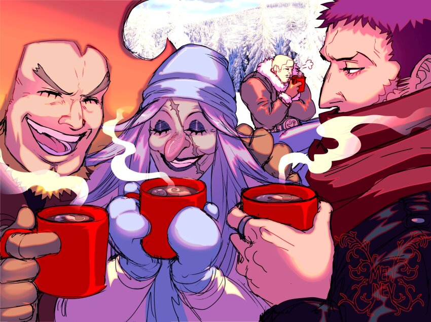 1girl 3boys alternate_costume artist_logo beard big_hair blonde_hair brother_and_sister brothers buzz_cut charlotte_brulee charlotte_daifuku charlotte_katakuri charlotte_oven commentary covered_mouth cup day drink english_commentary facial_hair facing_another grin hat height_difference highres holding holding_cup hot_chocolate jacket jewelry logo long_hair long_nose long_sleeves looking_at_another mewiyev mittens multiple_boys one_piece orange_hair outdoors photo_background purple_hair ring scar scar_on_face scar_on_mouth scarf scarf_over_mouth short_hair siblings smile snow steam very_short_hair winter winter_clothes