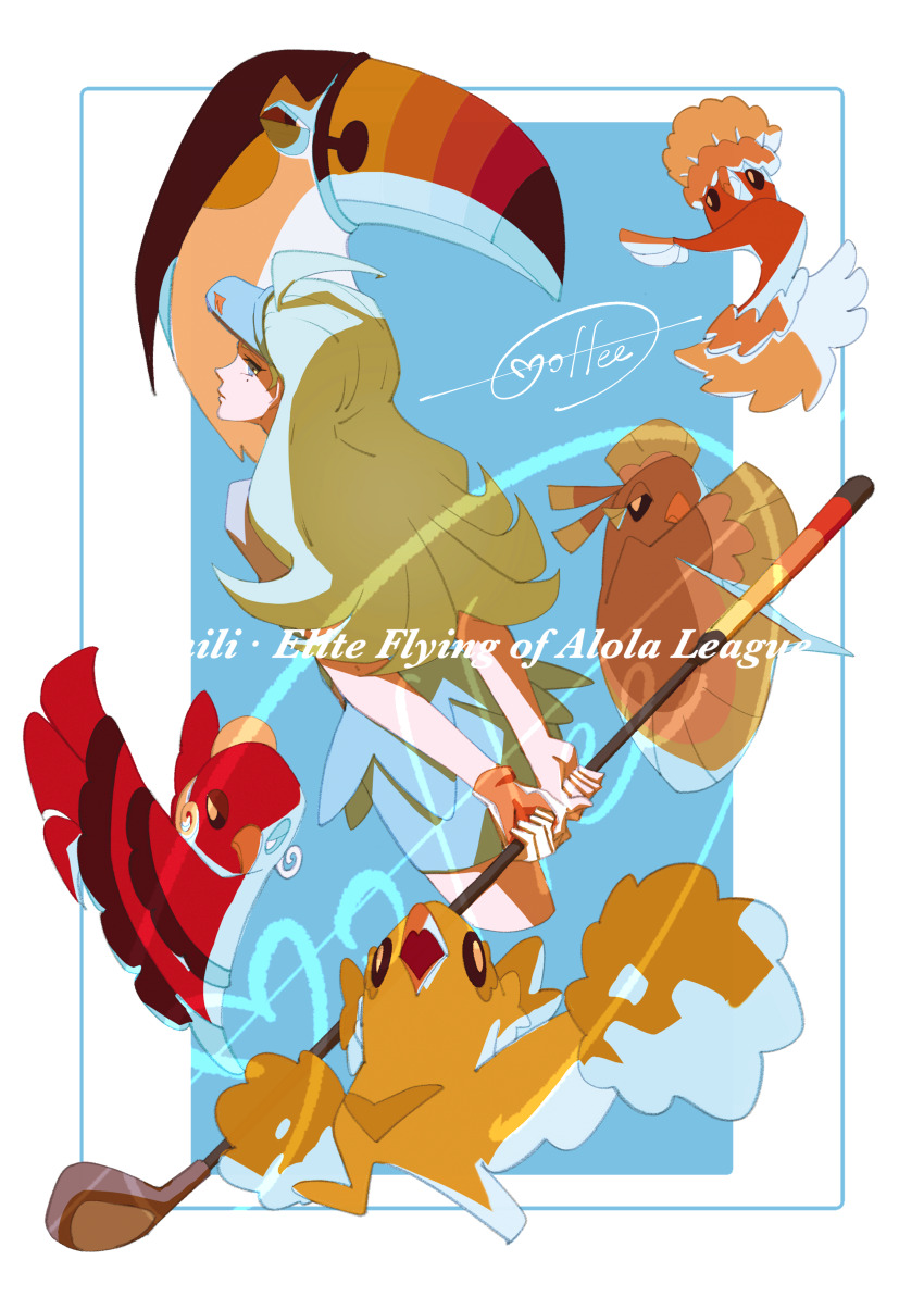 1girl absurdres ahoge blue_background blue_skirt border cccacademia character_name closed_mouth commentary_request gen_7_pokemon gloves golf_club highres holding holding_golf_club kahili_(pokemon) long_hair mole mole_under_eye nintendo oricorio oricorio_(baile) oricorio_(pa&#039;u) oricorio_(pom-pom) oricorio_(sensu) pokemon pokemon_(creature) pokemon_sm shirt short_sleeves signature single_glove skirt toucannon visor_cap white_border