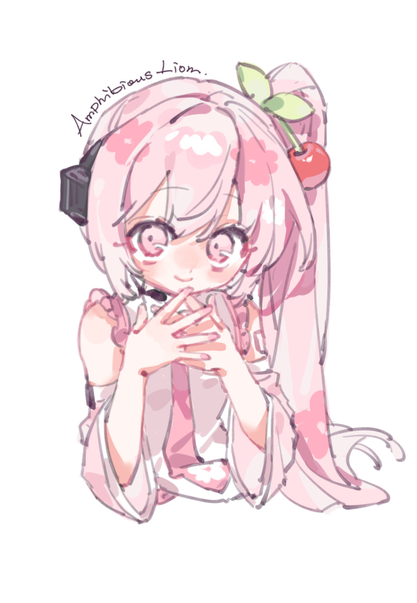 1girl bare_shoulders cherry_blossom_print cherry_hair_ornament closed_mouth collared_shirt cropped_torso detached_sleeves dot_nose eyelashes floral_print food-themed_hair_ornament frilled_shirt_collar frills hair_between_eyes hair_ornament hair_spread_out happy hatsune_miku headphones highres interlocked_fingers leaf_hair_ornament liangqi_shi light_blush long_hair long_sleeves meme nail_polish necktie own_hands_together pink_eyes pink_hair pink_nails pink_necktie pink_sleeves sakura_miku sakura_miku_(noodle_stopper) shirt side_ponytail sidetail_miku_noodle_stopper_(meme) signature simple_background sleeveless sleeveless_shirt smile solo tareme very_long_hair vocaloid white_background white_shirt wide_sleeves
