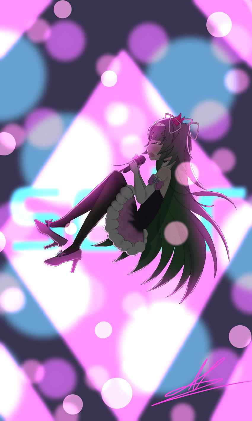 1girl absurdres artist_request black_dress black_thighhighs blush brown_dust_(series) brown_dust_2 closed_eyes crying dress elbow_gloves flat_chest from_side full_body gloves green_hair high_heels highres holding holding_microphone lens_flare long_hair microphone non-web_source open_mouth pink_dress pink_shoes seir_(brown_dust) shoe_dangle shoes signature solo stiletto_heels strapless strapless_dress thighhighs two-tone_dress very_long_hair white_gloves