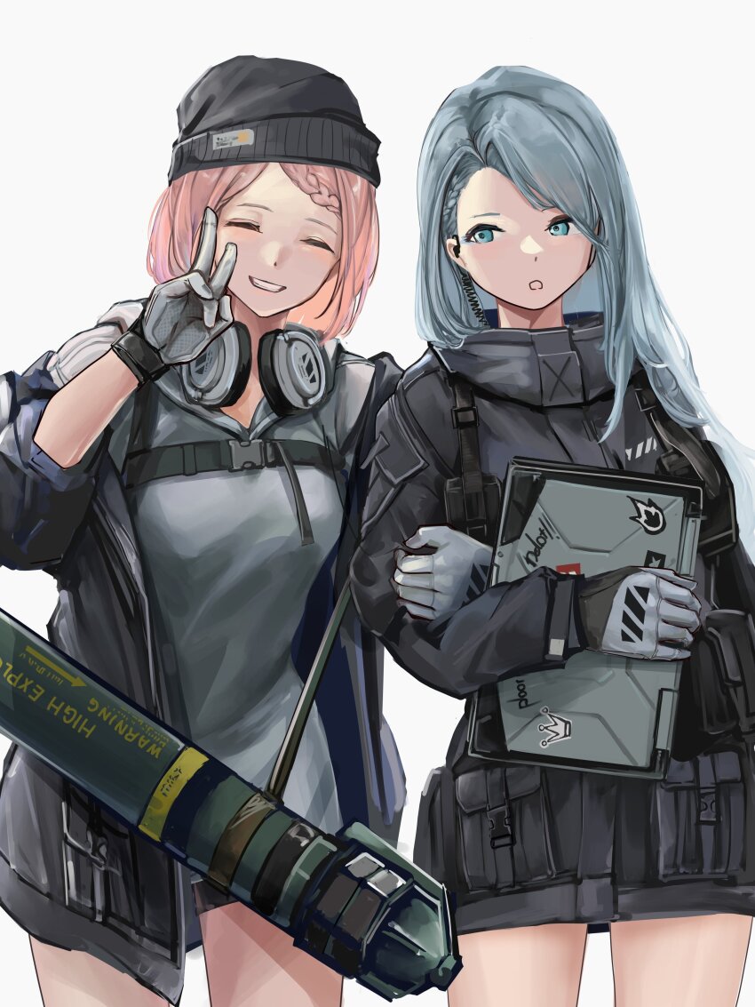 2girls absurdres beanie black_headwear black_jacket blue_eyes blue_hair bunker_buster closed_eyes commentary_request computer cowboy_shot electronic_firearm girls&#039;_frontline gloves grey_background grey_gloves grey_hoodie grin gun_sling hat headphones headphones_around_neck highres holding holding_another&#039;s_arm holding_laptop hood hoodie jacket laptop lithographica long_hair man-portable_anti-tank_systems mk_153_(girls&#039;_frontline) mk_153_shoulder-launched_multipurpose_assault_weapon mk_153_smaw multiple_girls pink_hair rocket_launcher simple_background smile v weapon
