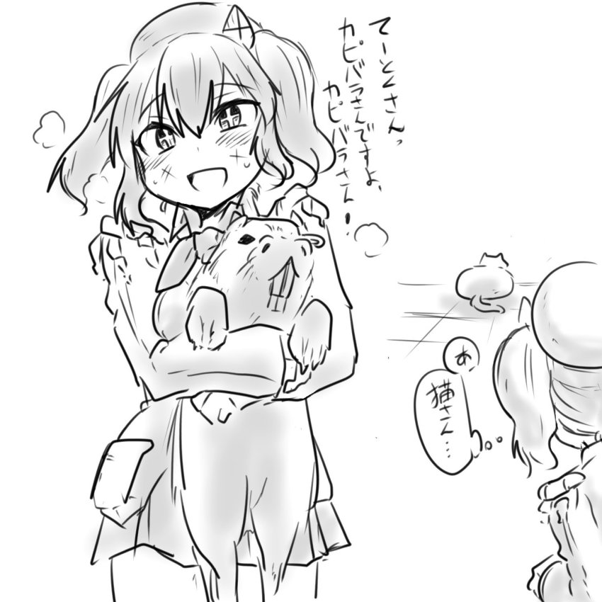 1girl :d animal beret blush breath capybara cat collared_shirt comic commentary_request epaulettes floor greyscale hair_between_eyes hat highres holding holding_animal jacket kantai_collection kashima_(kancolle) long_hair long_sleeves military military_jacket military_uniform monochrome multiple_views neckerchief open_mouth pleated_skirt poyo_(hellmayuge) scratches shirt sidelocks simple_background skirt smile sparkling_eyes speech_bubble teeth thought_bubble tile_floor tiles translated wavy_hair white_background z-flag