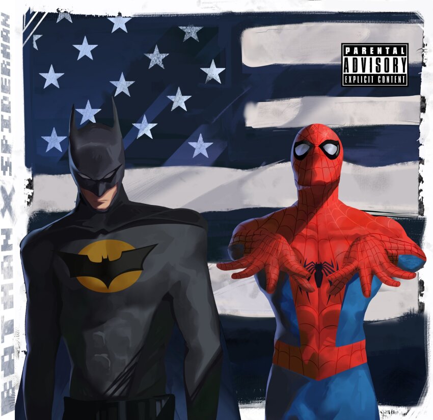 2boys album_cover_redraw bat_signal batman batman_(series) black_cape blue_bodysuit bodysuit cape dc_comics derivative_work highres lnsqueezearts male_focus marvel mask mask_on_head multicolored_bodysuit multiple_boys outkast red_bodysuit spider-man spider-man_(series) stankonia superhero_costume two-tone_bodysuit