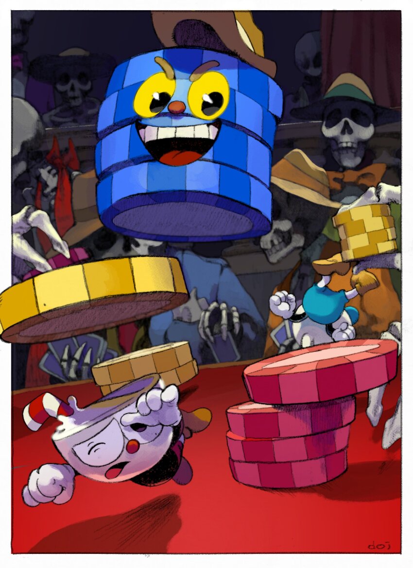 3boys absurdres cowboy_hat cup cuphead cuphead_(game) doi_m2000 drinking_straw falling fighting from_below gambling gloves hat highres looking_down lying mini_person mugman multiple_boys poker poker_chip poker_table red_nose shorts size_difference skeleton table teeth vase white_gloves