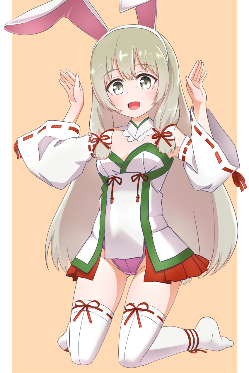 1girl animal_ears detached_sleeves fake_animal_ears grey_hair hair_ribbon highres iwamototuka kokudo_aya kusunoki_mebuki_wa_yuusha_de_aru leotard nontraditional_miko playboy_bunny rabbit_pose ribbon ribbon-trimmed_sleeves ribbon-trimmed_thighhighs ribbon_trim thighhighs white_thighhighs yellow_eyes yuuki_yuuna_wa_yuusha_de_aru yuusha_de_aru