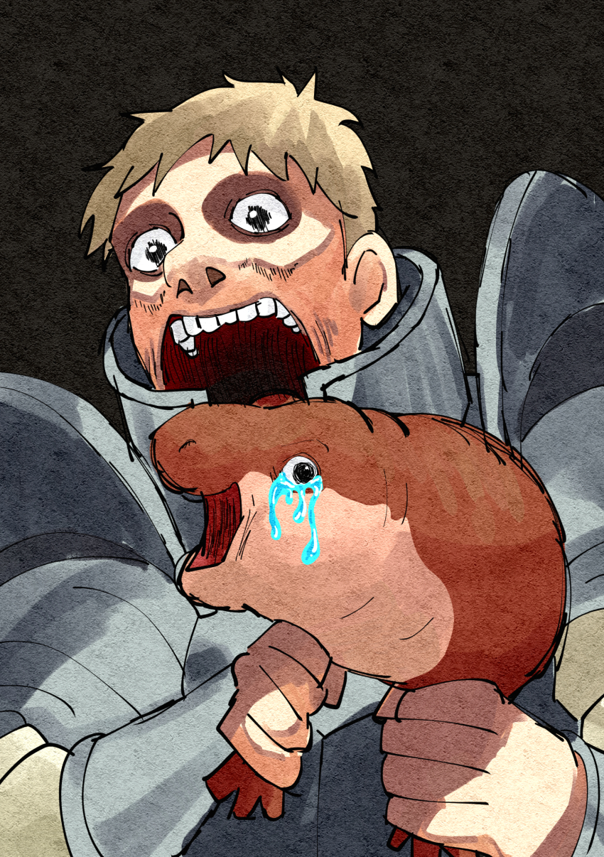 1boy animal armor black_background black_eyes blonde_hair breastplate commentary_request crying crying_with_eyes_open dungeon_meshi fine_art_parody highres hippopotamus holding holding_animal joyoekaki laios_touden looking_at_viewer male_focus meme moo_deng open_mouth parody pauldrons real_life saturn_devouring_his_son screaming short_bangs short_hair shoulder_armor tears teeth upper_body