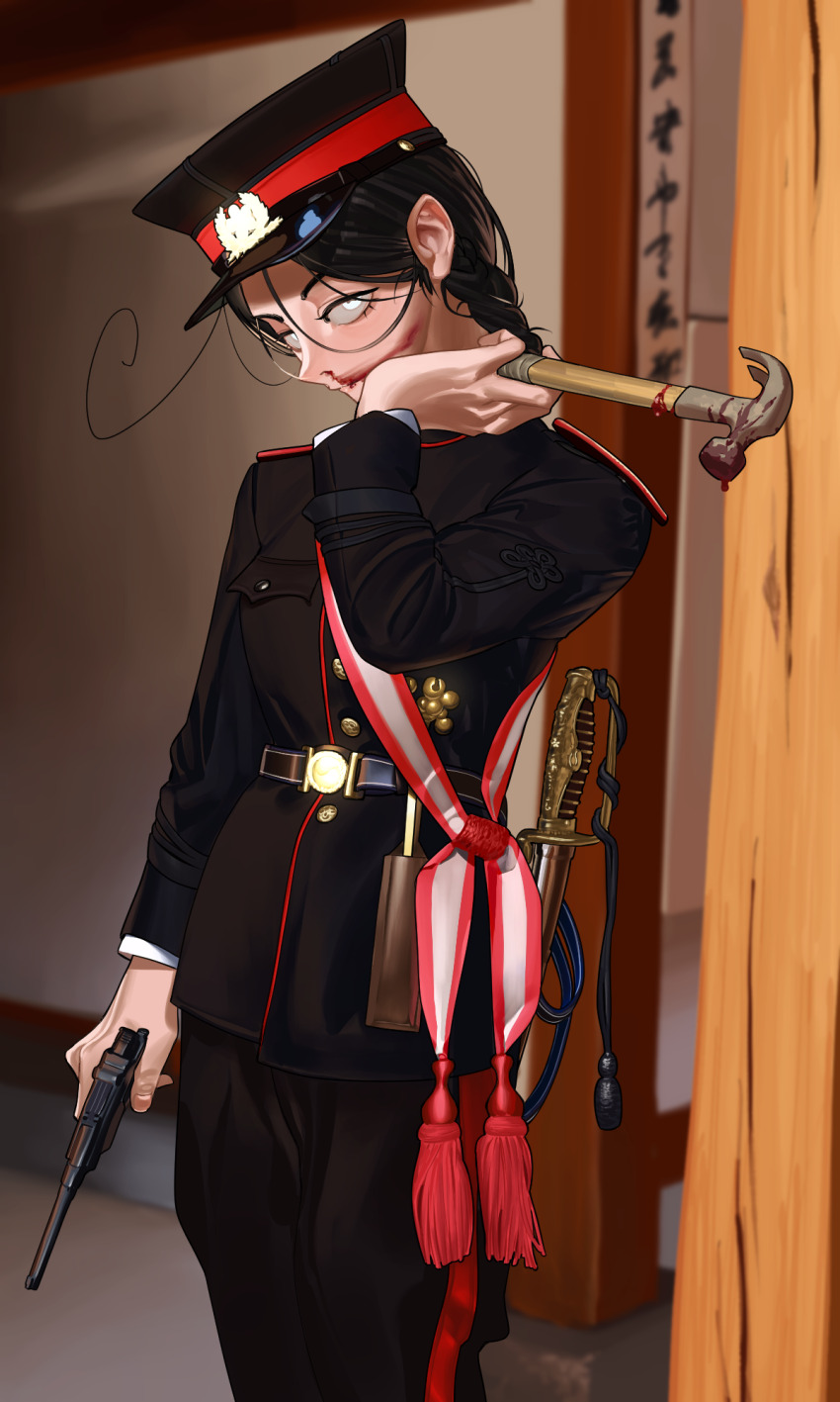 1girl army belt black_hair black_hat black_jacket black_pants bleeding blood blood_from_mouth blood_on_face blood_splatter bloody_weapon braid braided_ponytail breast_pocket breasts buttons closed_mouth commentary_request fingernails glowing glowing_eyes gun hammer handgun hat highres holding holding_gun holding_hammer holding_weapon imperial_korean_army jacket korea korean_empire long_hair long_sleeves looking_at_viewer military military_dress_uniform military_hat military_jacket military_uniform nosebleed original pants peaked_cap pocket pzkpfwi red_hat red_sash red_trim saber_(weapon) sash scabbard sheath sheathed shirt shoulder_boards shoulder_sash single_braid single_stripe solo standing sword two-tone_hat two-tone_headwear weapon white_shirt