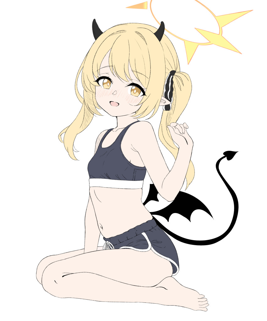1girl absurdres armpit_crease barefoot black_shorts black_sports_bra blonde_hair blue_archive bra breasts dipa dolphin_shorts feet highres horns ibuki_(blue_archive) loli looking_at_viewer midriff navel open_mouth shorts small_breasts solo sports_bra stomach tail thighs toes underwear wings
