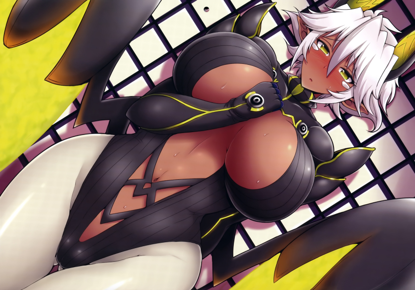 10s 1girl absurdres blush breasts curvy dark-skinned_female dark_skin female_focus grey_hair half-closed_eyes highres horns huge_breasts jean-louis_(yuasa_rengou) navel neon_trim pointy_ears shinmai_maou_no_testament short_hair solo sweat wide_hips wings yellow_eyes zest