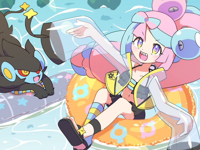 1girl alternate_costume bow-shaped_hair highres iono_(pokemon) komori541milk multicolored_hair nintendo pink_hair pokemon pokemon_sv sleeves_past_fingers sleeves_past_wrists teeth two-tone_hair
