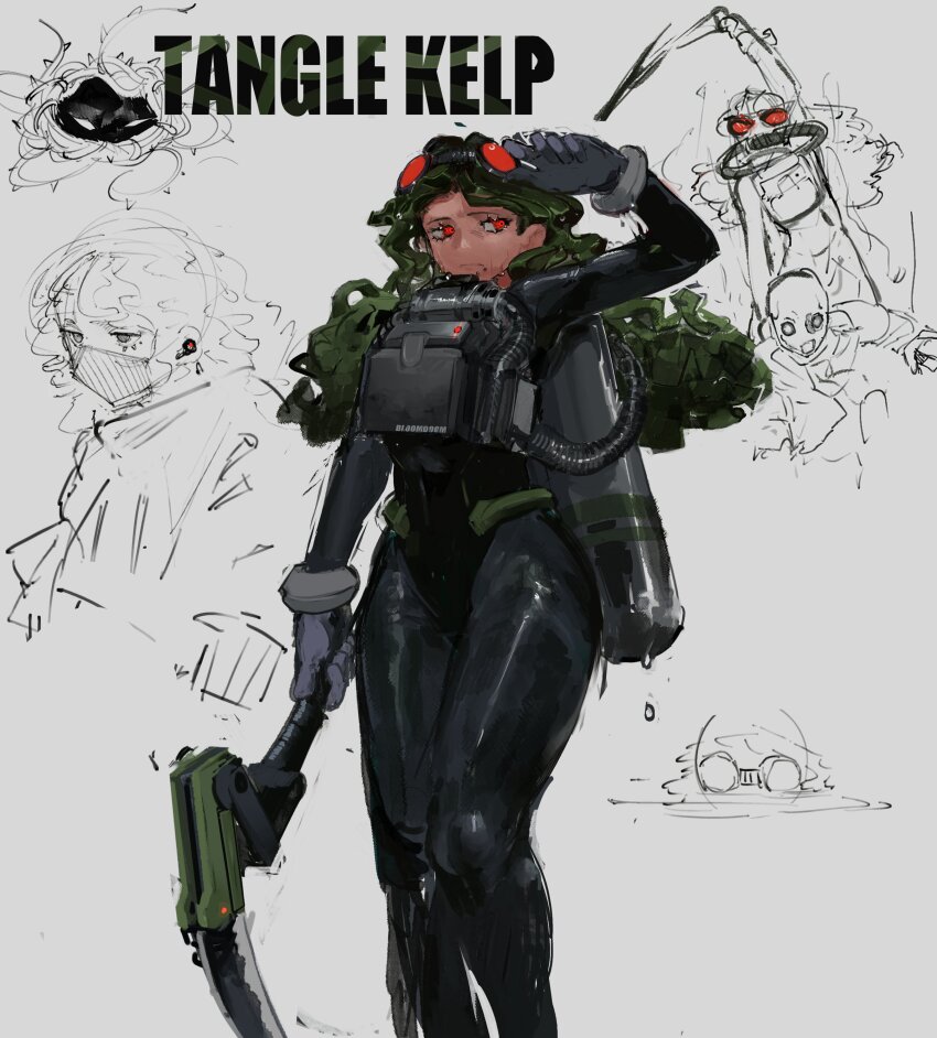 1boy 1girl absurdres adjusting_goggles arm_up black-framed_eyewear black_bodysuit bodysuit character_name closed_mouth commentary curly_hair dark-skinned_female dark_skin english_commentary feet_out_of_frame frown gloves goggles goggles_on_head green_hair grey_background grey_gloves hair_behind_ear highres holding long_hair long_sleeves looking_at_viewer mask mole mole_under_mouth mouth_mask oxygen_tank personification plants_vs._zombies red-tinted_eyewear red_eyes ringed_eyes simple_background softblended standing swimsuit tangle_kelp_(plants_vs._zombies) tinted_eyewear very_long_hair wet zombie_(plants_vs._zombies)