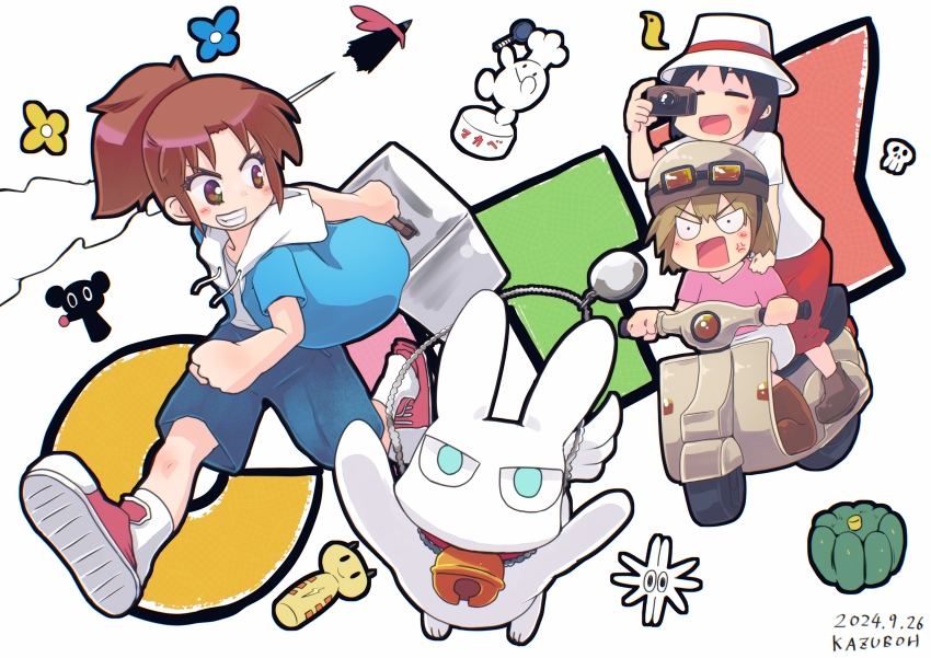 2024 3girls absurdres anger_vein animal artist_name ayumu_niikura black_hair black_outline blonde_hair blue_hoodie brown_eyes brown_footwear brown_hair brown_helmet camera city_(arawi_keiichi) closed_eyes copyright_name dated goggles goggles_on_headwear hat helmet highres holding holding_camera hood hood_down hoodie izumi_wako kazuboh motor_vehicle multiple_girls nagumo_midori open_clothes open_hoodie open_mouth outline pink_shirt ponytail rabbit red_footwear red_shorts scooter shirt shorts signature smile teeth white_hat white_hood white_shirt