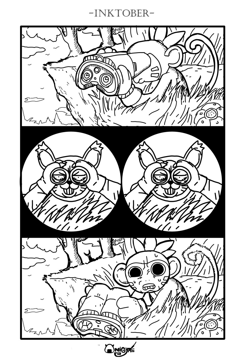 absurdres betsumon binoculars black_eyes digimon highres koemon looking_at_another monkey tail