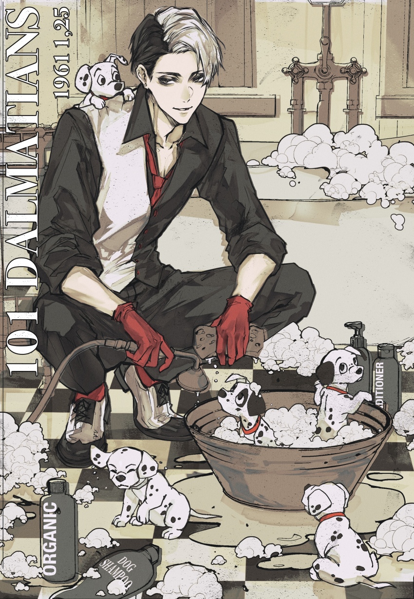 101_dalmatians 1boy absurdres animal animal_on_shoulder basin bathtub black_hair black_shirt black_vest commentary_request dated divus_crewel dog freckles_(disney) gloves grey_eyes highres ho9_999 holding holding_shower_head holding_sponge indoors lucky_(disney) male_focus multicolored_hair patch_(disney) penny_(disney) puddle puppy red_gloves rolly_(disney) shampoo shampoo_bottle shirt short_hair shower_head soap_bubbles split-color_hair sponge squatting twisted_wonderland two-tone_vest vest water white_hair white_vest