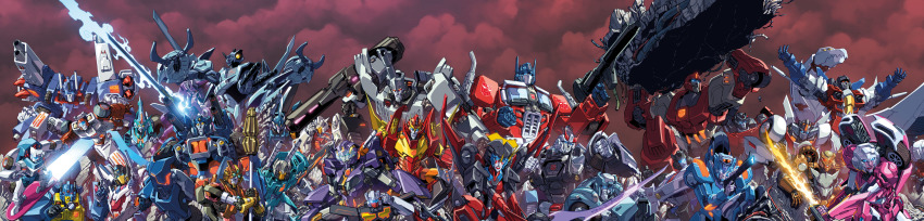 5girls 6+boys absurdres alex_milne arcee arm_cannon autobot blue_eyes decepticon everyone gun highres holding holding_gun holding_weapon hot_rod_(transformers) ironhide jazz_(transformers) kup_(transformers) long_image mecha megatron multiple_boys multiple_girls no_humans optimus_prime prowl_(transformers) rattrap red_eyes rewind_(transformers) robot rung_(transformers) sideswipe sky_lynx starscream swerve_(transformers) transformers ultra_magnus v-fin weapon wheeljack whirl_(transformers) wide_image windblade_(transformers)