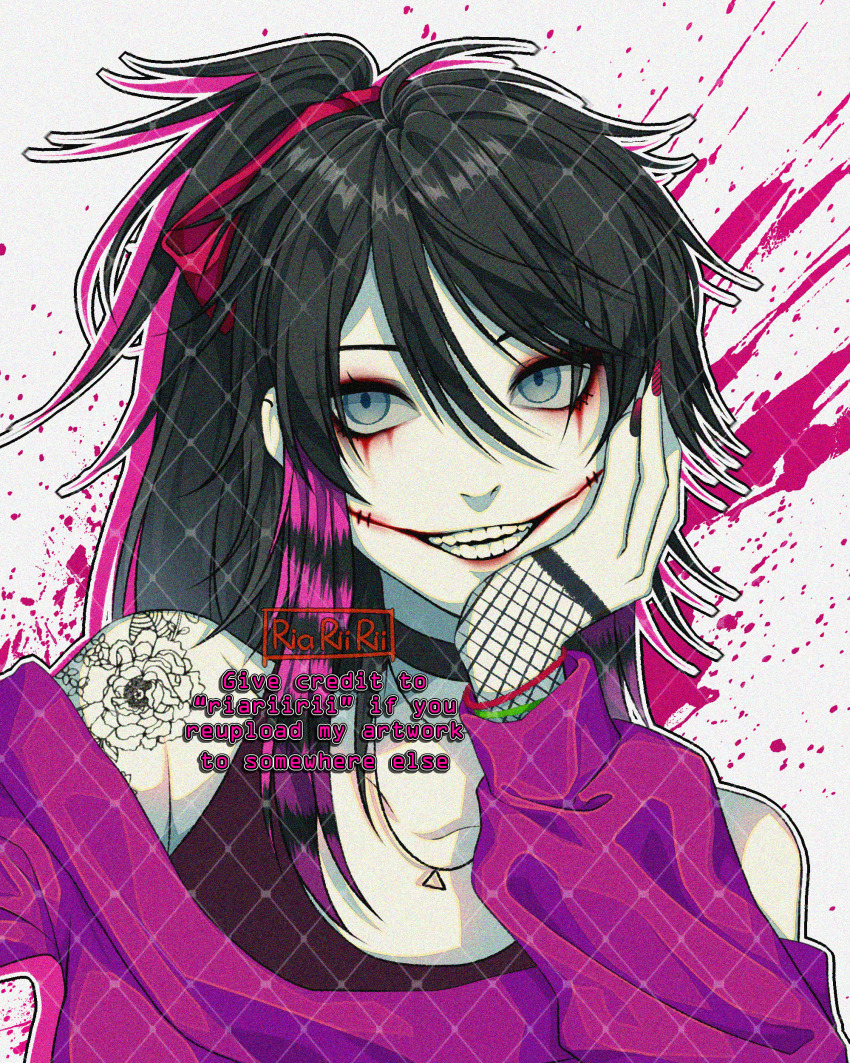 1girl absurdres artist_name bare_shoulders black_hair black_tank_top blood borrowed_design bracelet collarbone colored_skin commentary creepypasta english_commentary film_grain fishnet_gloves fishnets flower_tattoo glasgow_smile gloves grin hair_between_eyes hand_on_own_cheek hand_on_own_face hand_up high_ponytail highres jewelry long_hair long_sleeves looking_to_the_side multicolored_hair nail_polish necklace nina_the_killer off-shoulder_shirt off_shoulder outline pink_blood pink_hair pink_shirt ponytail portrait puffy_long_sleeves puffy_sleeves red_nails riariirii scene_fashion shirt shoulder_tattoo simple_background smile solo stitched_mouth stitches streaked_hair tank_top tattoo teeth two-tone_hair watermark white_background white_outline white_skin