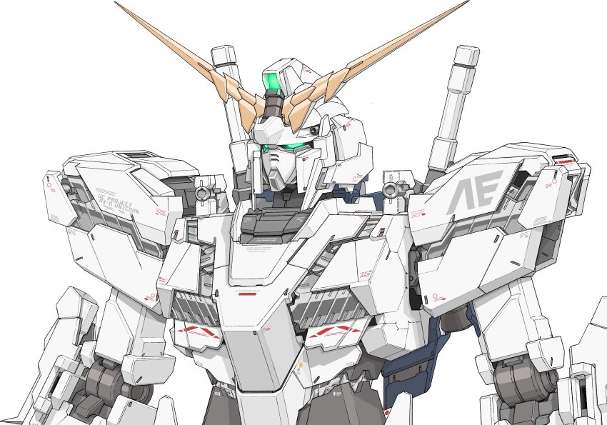 anaheim_electronics aron_e commentary_request gundam gundam_unicorn highres mecha mecha_focus mobile_suit no_humans nt-d robot science_fiction shirt simple_background solo unicorn_gundam upper_body v-fin white_background