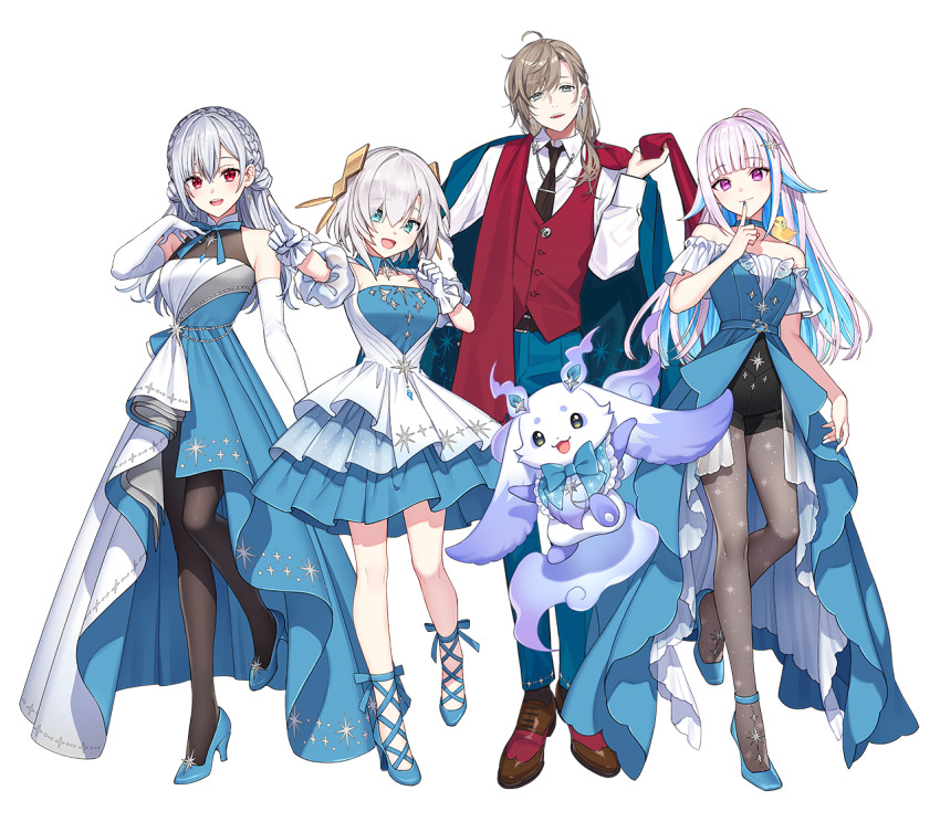 1boy 3girls :3 :d ahoge animal animal_on_shoulder ankle_ribbon aqua_eyes ars_almal artist_request bare_shoulders bird bird_on_shoulder black_necktie black_pantyhose black_shorts blue_bow blue_bowtie blue_choker blue_dress blue_hair blue_jacket blue_nails blue_pants blue_ribbon blue_shoes blunt_bangs bow bowtie braid breasts brown_hair brown_shoes chibikemo choker closed_mouth clothing_cutout collared_dress collared_shirt colored_inner_hair creature crown_braid dress elbow_gloves finger_to_mouth floating floppy_ears frilled_dress frilled_gloves frills gloves grey_hair grey_pantyhose group_picture hair_ornament hakase_fuyuki hand_up hands_up high-waist_shorts high_heels holding_shawl index_finger_raised jacket jacket_on_shoulders kanae_(nijisanji) layered_dress leg_ribbon lize_helesta long_dress long_hair looking_at_viewer lunlun_(nijisanji) male_focus medium_breasts medium_hair multicolored_hair multiple_girls nail_polish neck_ribbon necktie nijisanji off-shoulder_dress off_shoulder official_alternate_costume official_art open_mouth pants pantyhose pointing print_pantyhose puffy_short_sleeves puffy_sleeves pumps purple_eyes red_eyes red_shawl red_vest ribbon saddle_shoes sebastian_piyodore second-party_source see-through_skirt_layer shawl shirt shoes short_dress short_sleeves shorts showgirl_skirt sidelocks simple_background sleeveless sleeveless_dress small_breasts smile standing standing_on_one_leg star_(symbol) star_hair_ornament star_print strappy_heels streaked_hair transparent_background two-tone_hair very_long_hair vest virtual_youtuber waistcoat white_dress white_gloves white_hair white_shirt