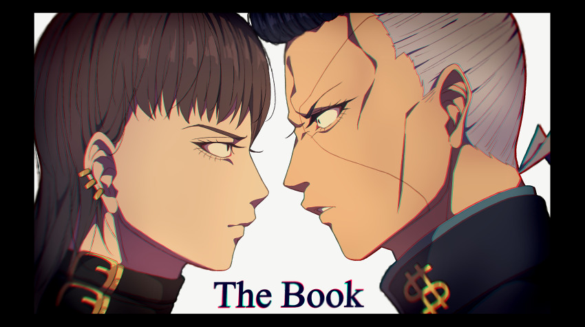 2boys absurdres black_hair diamond_wa_kudakenai earrings faceoff gakuran hair_between_eyes hasumi_takuma highres jewelry jojo_no_kimyou_na_bouken long_hair male_focus multicolored_hair multiple_boys nijimura_okuyasu opposing_sides pompadour profile school_uniform siniy two-tone_hair