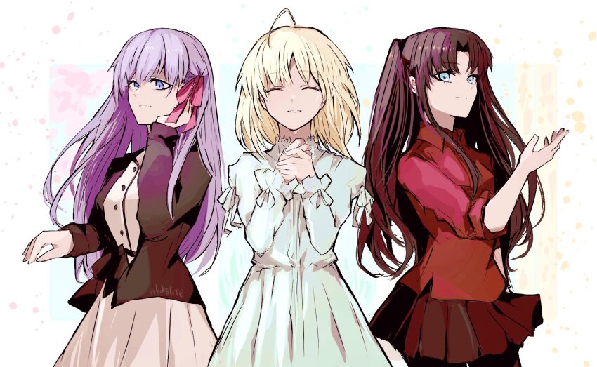3girls ahoge artoria_pendragon_(fate) black_coat blonde_hair blue_eyes brown_hair brown_skirt buttons clenched_hands closed_eyes coat dress fate/stay_night fate_(series) green_dress hair_ribbon hand_in_own_hair hands_on_own_chest highres long_hair long_skirt matou_sakura miniskirt multiple_girls purple_hair red_ribbon red_shirt ribbon saber_(fate) shirt side_ponytail skirt smile sodamachi tohsaka_rin type-moon type-moon_heroines white_shirt white_skirt
