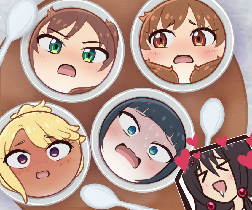 &gt;_&lt; 5girls anger_vein angry bad_end black_hair blonde_hair blue_eyes blunt_bangs blush brown_eyes brown_hair chawanmushi chikura_shizuru closed_eyes dark-skinned_female dark_skin drooling flying_sweatdrops glaring green_eyes gyaru highres hoshi_nadeshiko imminent_death kuga_reimi long_hair looking_at_viewer multiple_girls nakatomi_yoka nervous_sweating psycho_orb purple_eyes saliva scared shaded_face shinonome_akira shuumatsu_train_doko_e_iku? spoon sweat transformation