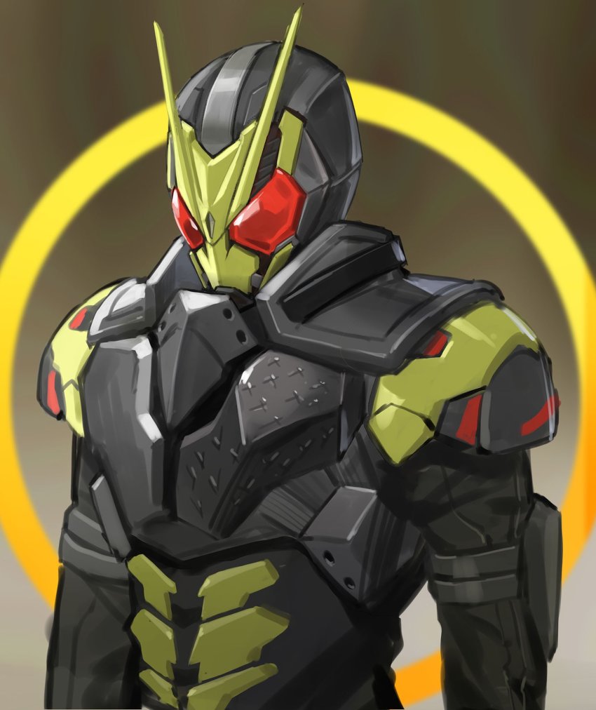 1boy abs adapted_costume alternate_costume alternate_universe antennae armor bug grasshopper green_armor highres insect jiuri_jiuhao kamen_rider kamen_rider:_reiwa_the_first_generation kamen_rider_01_(series) kamen_rider_zero-one kamen_rider_zerozero_one male_focus power_armor red_eyes reiwa rising_hopper