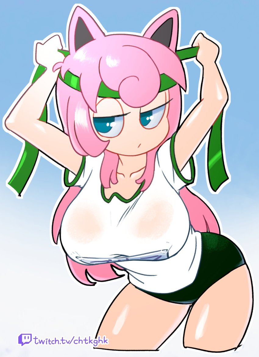1girl absurdres animal_ears blue_background blue_eyes blue_sky breasts buruma cosplay frown gen_1_pokemon gradient_background green_buruma green_headband green_headwear gym_uniform hair_between_eyes half-closed_eyes hand_on_headwear headband highres hungrybox jigglypuff jigglypuff_(cosplay) large_breasts leaning_forward long_hair looking_up minuspal name_tag nintendo pink_hair pokemon ribbon shirt short_sleeves shorts simple_background sky super_smash_bros. thighs twitch.tv twitch_logo upper_body white_background white_shirt