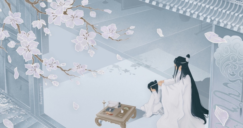 2boys adjusting_another&#039;s_clothes architecture black_hair branch child chinese_clothes chinese_hairpin cloud_print comb commentary doorway east_asian_architecture english_commentary facing_away flower hanfu headband highres huaepiphany kneeling lan_sizhui lan_wangji long_hair long_sleeves male_focus medium_hair modao_zushi multiple_boys on_ground paper_cutout petals ponytail ribbon scroll shadow signature table tassel tree very_long_hair white_flower white_footwear white_hanfu white_petals white_ribbon white_theme wide_shot wide_sleeves xiao_guan_(headdress)