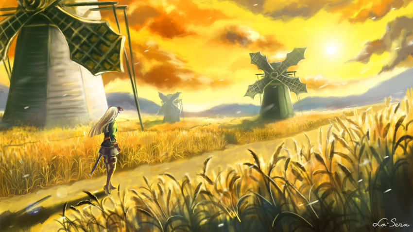1girl armor artist_name blonde_hair boots brown_boots chris_lightfellow cloud commentary english_commentary faulds from_behind from_side gensou_suikoden gensou_suikoden_iii green_jacket highres jacket la-sera long_hair long_sleeves motion_blur mountainous_horizon outdoors road solo sun sunset sword thigh_boots walking weapon wheat_field wind windmill yellow_theme