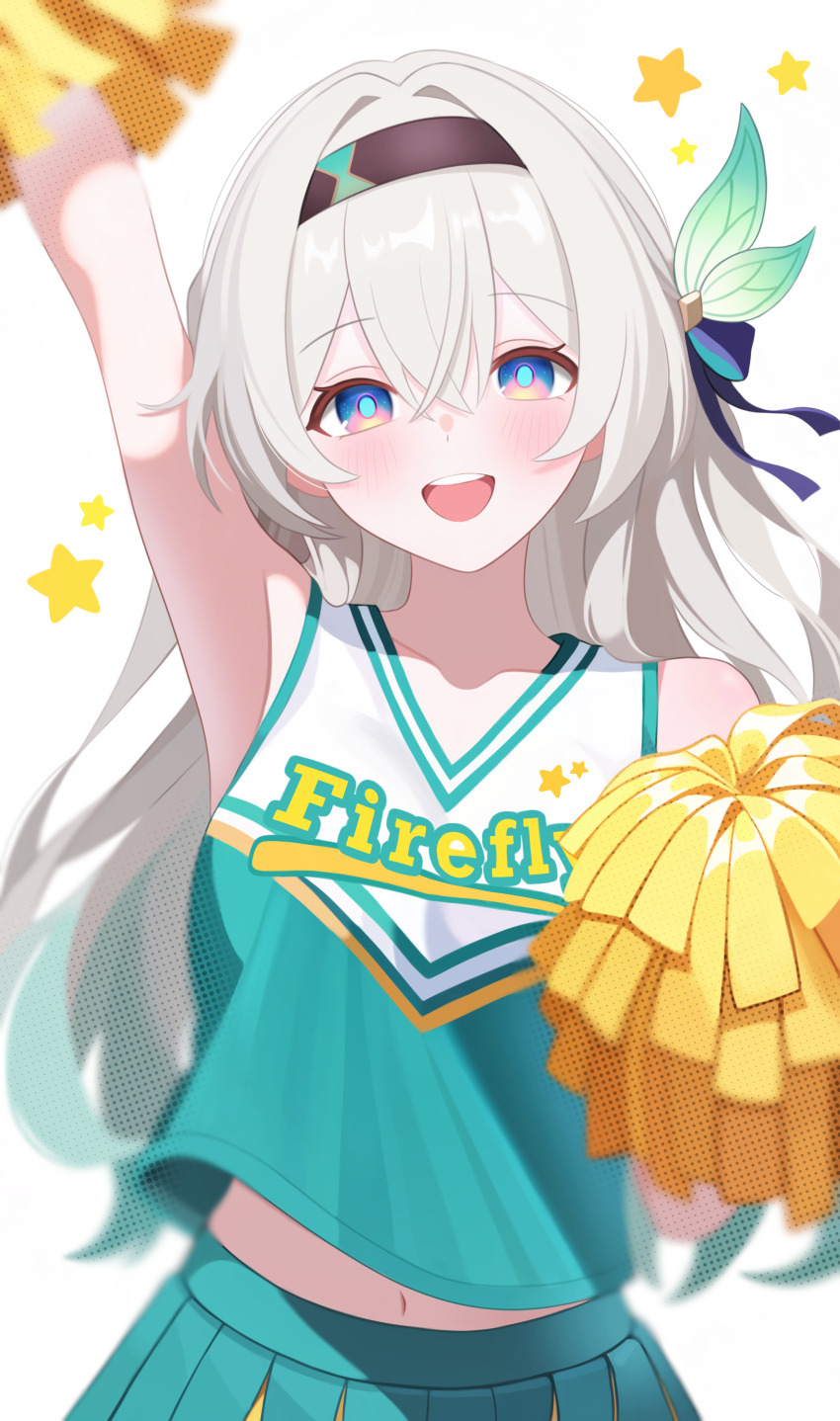1girl absurdres alternate_costume aqua_hair aqua_skirt arm_up bare_shoulders black_headband blush character_name collarbone commentary_request firefly_(honkai:_star_rail) fuminshou_(nekopan_art) grey_hair hair_between_eyes hand_up headband highres holding holding_pom_poms honkai:_star_rail honkai_(series) long_hair looking_at_viewer midriff multicolored_hair navel open_mouth pleated_skirt pom_pom_(cheerleading) pom_poms purple_eyes skirt solo teeth upper_body upper_teeth_only very_long_hair white_background