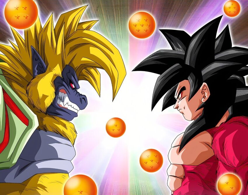 angry baby_vegeta black_hair dragon_ball dragon_ball_gt facing_each_other golden_oozaru muscular muscular_male official_art oozaru red_fur serious son_goku super_saiyan super_saiyan_4 tagme