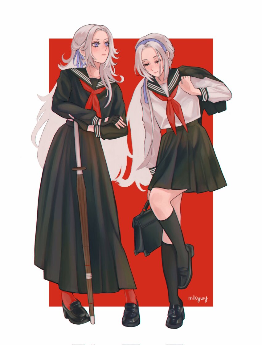 1girl alternate_costume alternate_hairstyle alternate_universe artist_name bag black_gloves black_jacket black_shoes black_skirt black_socks closed_eyes closed_mouth commentary_request contemporary crossed_arms edelgard_von_hresvelg fingerless_gloves fire_emblem fire_emblem:_three_houses full_body gloves hair_ribbon headband highres holding holding_bag holding_jacket holding_umbrella holding_unworn_clothes jacket long_hair long_skirt long_sleeves looking_to_the_side low_ponytail mlkywy nintendo pantyhose parted_bangs pink_lips ponytail purple_eyes purple_headband purple_ribbon red_background red_pantyhose ribbon sailor_collar school_bag school_uniform shoes skirt socks solo standing umbrella unworn_jacket wavy_hair white_hair