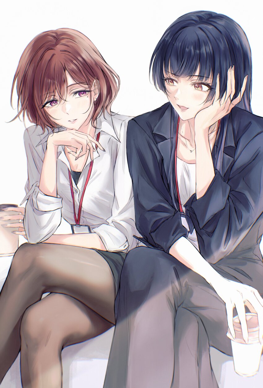 2girls absurdres black_hair black_jacket black_pants black_pantyhose black_skirt brown_hair cup disposable_cup highres higuchi_madoka holding holding_cup idolmaster idolmaster_shiny_colors jacket jewelry long_hair mayuzumi_fuyuko mole mole_under_eye multiple_girls necklace open_mouth pants pantyhose purple_eyes shirt short_hair skirt sushizanmai_(sorahaaoi7) white_background white_shirt yellow_eyes