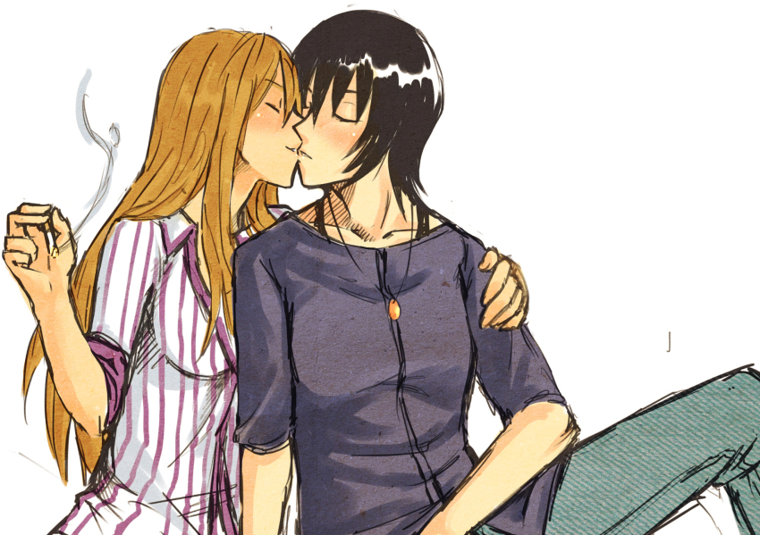 2girls aoi-tama ayase_asagi black_hair blush brown_hair cigarette couple drawfag highres kiss long_hair multiple_girls non-web_source reverse_trap sleeves_rolled_up tomboy torako_(yotsubato!) yotsubato! yuri