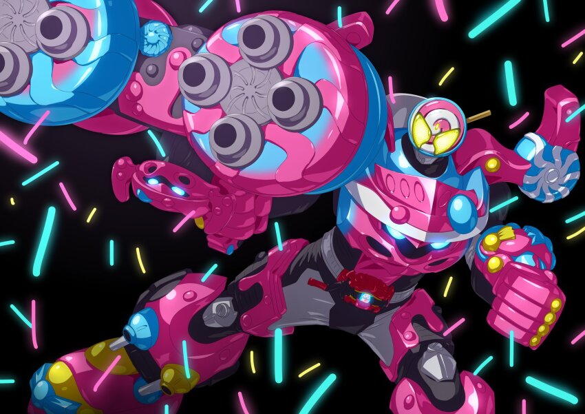 1boy armor black_background bodysuit candy crank food full_body gauntlets gloves grey_bodysuit gun gurucan henshin_belt_gavv highres holding holding_weapon kamen_rider kamen_rider_gavv kamen_rider_gavv_(series) lollipop looking_at_viewer machine_gun male_focus otokamu power_armor rider_belt simple_background solo sparks swirl_lollipop tokusatsu weapon yellow_eyes