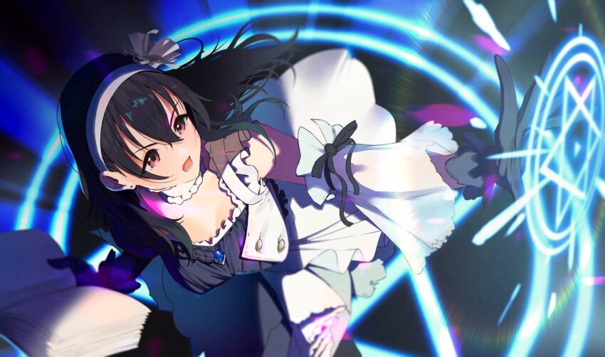 1girl bare_arms black_gloves book casting_spell detached_sleeves dress from_above fujiwara_hajime gloves hairband hexagram highres holding holding_book idolmaster idolmaster_cinderella_girls kaiso_(kaisooekaki) magic_circle magical_girl open_book solo