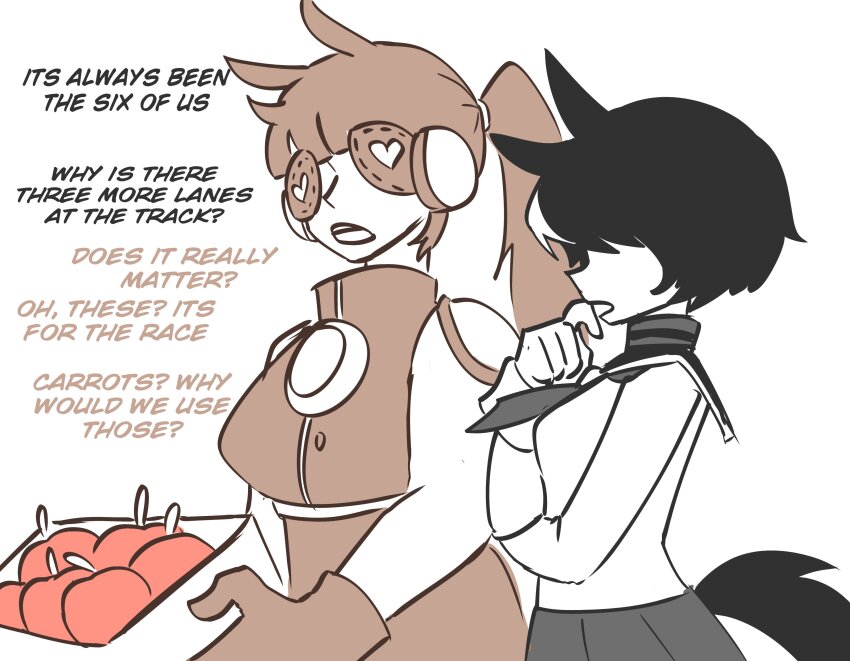 2girls absurdres animal_ears apple black_hair black_tail blinkers box breasts brown_dress brown_gloves brown_hair covered_eyes detached_sleeves door_knob_(horse_race_tests) downtown_skybox dress english_text finger_in_own_mouth food from_side fruit gloves grey_skirt hair_over_eyes hand_up high_collar highres holding holding_box horse_ears horse_girl horse_race_tests large_breasts long_hair multiple_girls open_mouth pleated_skirt sailor_collar shirt short_hair simple_background skirt starlinkman teeth upper_teeth_only white_background white_shirt