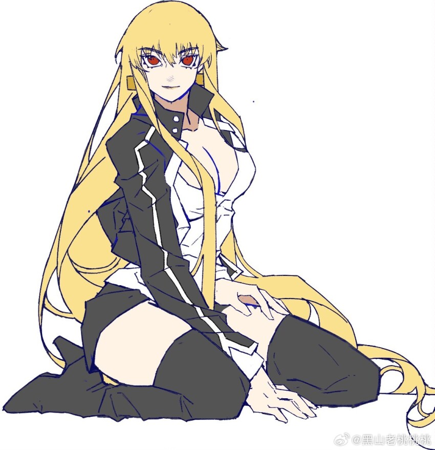 1girl black_boots black_jacket black_skirt blonde_hair boots breasts chinese_commentary cleavage closed_mouth collarbone collared_jacket commentary_request cropped_jacket earrings eyelashes fate/stay_night fate_(series) floating_earring full_body genderswap genderswap_(mtf) gilgamesh_(fate) gilgamesh_(immoral_biker_jacket)_(fate) gold_earrings hair_spread_out hand_on_ground hand_on_own_thigh high_collar high_heel_boots high_heels jacket jewelry kneeling large_breasts long_hair long_sleeves looking_at_viewer miniskirt momo_007 open_clothes open_jacket pink_lips red_eyes shirt sidelocks simple_background skirt smile solo thigh_boots very_long_hair watermark wavy_hair weibo_watermark white_background white_shirt