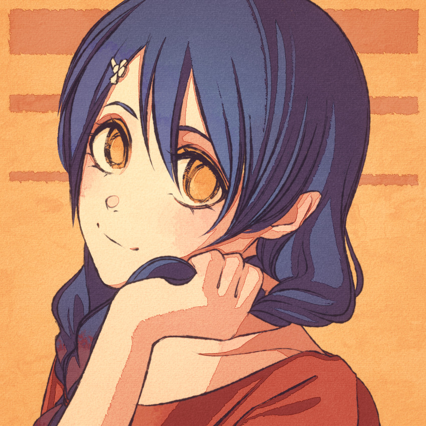 1girl artistic_error blue_hair braid commentary english_commentary gradient_hair hair_ornament hairclip hand_in_own_hair highres looking_at_viewer moshimoshibe multicolored_hair orange_background red_shirt shirt shokugeki_no_souma smile solo tadokoro_megumi twin_braids yellow_eyes